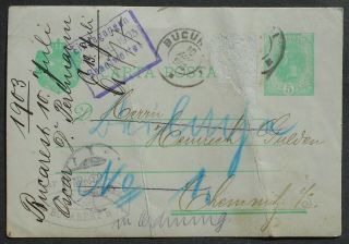 Romania 1903 Postcard Sent From Bucharest To Germany Franked W/ 5 Bani Stamp