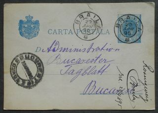 Romania 1895 Postcard Sent From Braila To Bucharest Franked W/ 5 Bani Stamp