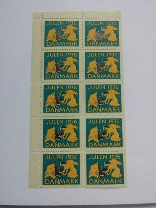 Denmark 1936 Christmas Seal Mnh Blk Of 10 With Salvage Plus