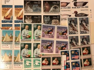 Stamps.  11 22 Cent Blocks.  Fv $9.  68
