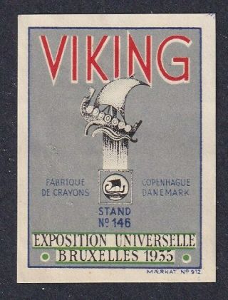 Denmark Poster Stamp Danish Viking Pencils Exhibition 1935 Bruxelles Vikingship