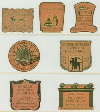 " Chicago Antiques Expo & Hobby Fair " - 7 Embossed Show Labels 1939 - 1944 Mnh