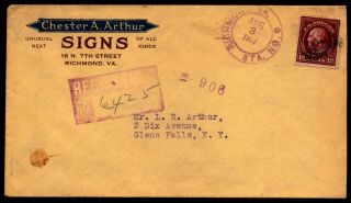 1917 Registered Cover 12 Cent Franklin Single Franking Chester A Arthur Signs