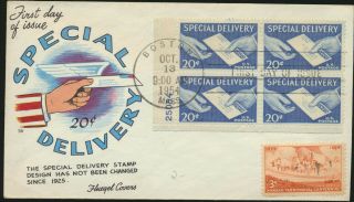 Fluegel Cachet Fdc W/ Plate Block 1954 20¢ Special Delivery Issue (pb4)