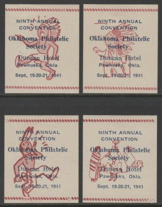 " Oklahoma Philatelic Society " 9th Annual Convention,  Pawhuska,  Ok 1941 - 4 Labels
