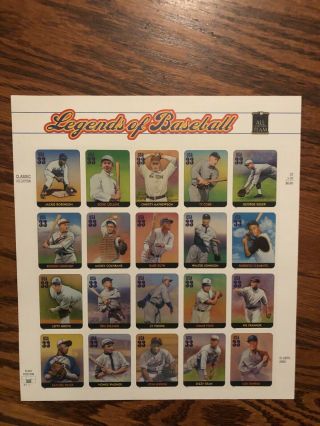 Legends Of Baseball Stamps Sheet Of 20 Stamps 33¢