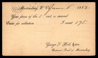 US 1882 MARTINSBURG NATIONAL BANK JUNE 6TH STATIONERY CARD TO HAGERSTOWN MD 2
