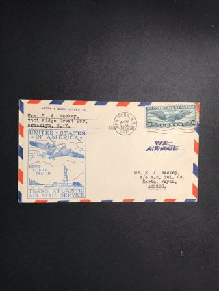 Us Usa First Flight Cover Fam 18 York To Horta Azores Pan Am 1939