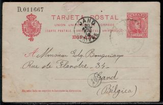 Kingdom Of Spain 1908 Rarely Seen Postal Card Send To Gand Belgium