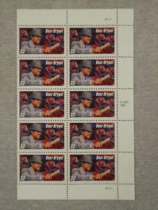 1996 Bear Bryant Stamp Sheet - 10 Stamps
