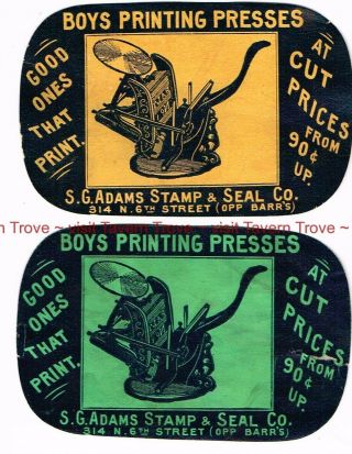 Two Circa 1880 Missouri St Louis S G Adams Stamp & Seal Boys Printing Presses