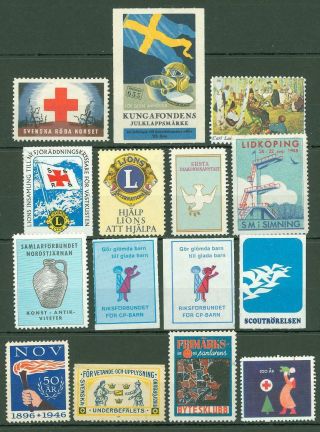 Poster E13 Stamps Advertising Labels Sweden (15 Pcs) Flag Red Cross