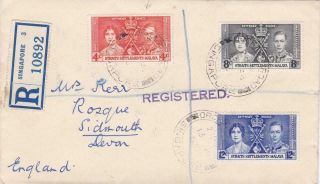 Straits Settlement 1937 Coronation Set Singapore To Sidmouth Devon Registered