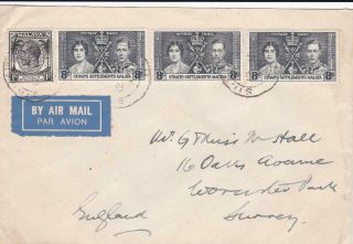 Straits Settlement 1937 Airmail Cover Singapore To Uk 25c Rate,  Coronation 8c
