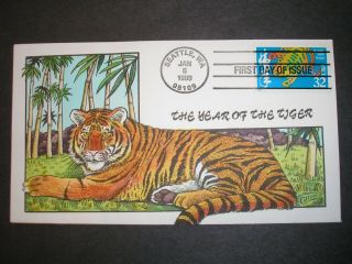 Us Fdc 3179 Year Of The Tiger J2801 Collins Handpainted Cachet