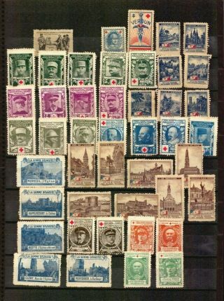 France Wwi Poster Stamps Cinderella Red Cross Military War Ruins Tramway Uniform