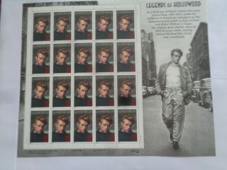 James Dean Sheet Of 20 Postage Stamps Legends Of Hollywood,  Starting Below Fac