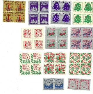 10 Moody County Health Seal Blocks - Of - Four,  2 Pairs 1936 - 1953 Mlh Vg