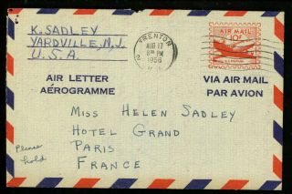 Us Postal History Scott Uc16d Aerogramme 8/17/1956 Trenton Nj To Paris France