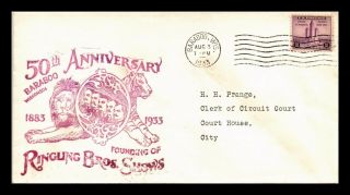 Dr Jim Stamps Us Ringling Brothers Anniversary Baraboo Wisconsin Cover 1933