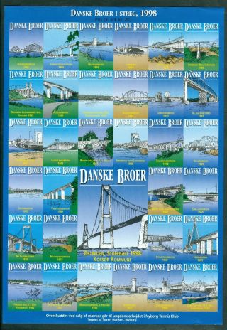 Denmark.  Poster Stamp 1998.  Unfolded Sheet.  Danish Bridges.  Nyborg Tennis Club.