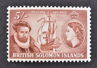 B.  Solomon Islands,  Qeii,  1956,  5s.  Red - Brown Value,  Sg 94,  Mm,  Cat £15.