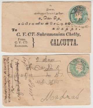 India In Burma 1906 Cover Rangoon - Calcutta & 1909 Cover Moulmein - Madras