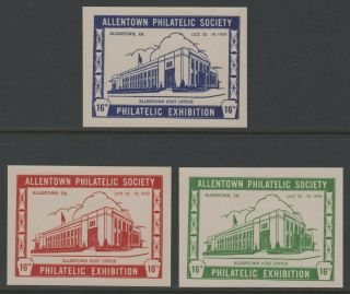" Allentown Philatelic Society " - 1939 Exhibition - 3 Poster Stamps Mh