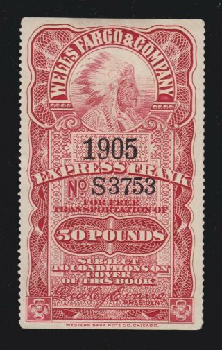 Us 1905 Wells Fargo & Company Transportation Of 50 Pounds Express Frank Stamp