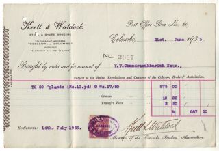 Ceylon 5cent Postage & Revenue Perfin K & W 1933 On Receipt Pfn11