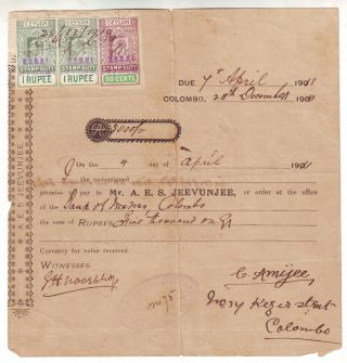 Ceylon Edward Vii 50c & 1re Stamp Duty Perfin Cbi 1910 - 11 On Document Pfn13