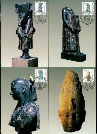 1989 Vatican Egiptology Museum,  Apis Bull,  Isis,  Pharaoh Mentuhotep,  4 Maxi Cards