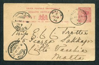 1896 S.  S Malaya Gb Qv 3c Postal Stationery Postcard Singapore To Malta Via Egypt