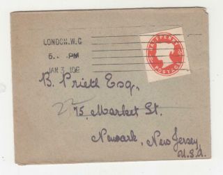 Great Britain,  1910 Cover,  Qv Postal Card 1/2d.  Cut Out,  London To Usa.