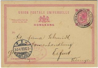 Hong Kong 1903 4c Carmine Card To Erfurt Germany