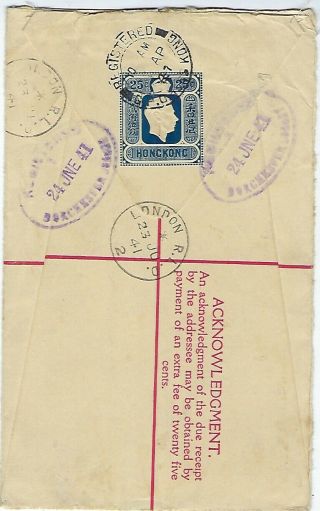 Hong Kong 1941 25c registration env uprated and censored to UK 2
