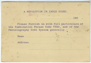 China 1905 uprated 1c reply card with printed message about Cable Codes 2