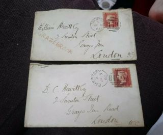 Victoria Penny Red Stamp On Envelopes X2 1861 & 1862 Chertsey To London Wc