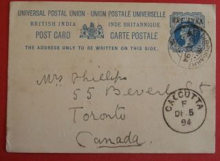 Q.  Victoria Postal Stationery Postcard India 1895 Posted Calcutta To Canada
