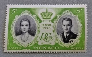 1956 Monaco Royal Wedding Prince Rainier Grace Kelly 5f Stamp Mlh