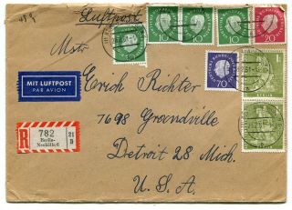 Germany 1961 Bundespost - Registered Airmail Cover - Sent To Detroit Mich Usa -