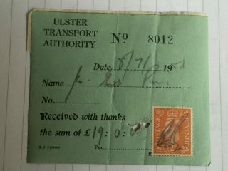 The Receipt Of Ulster Transport Authority With A Postage Revenue 1950 