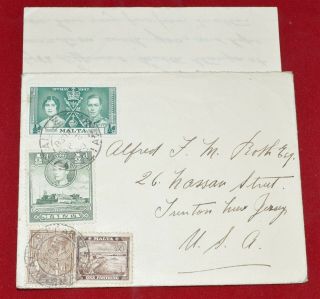 Malta 1940 Multifranked Cover & Letter From Stamp Collector To Us