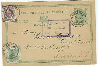Hong Kong 1903 1c Qv Stationery Card Uprated 2c Qv And 1c Kevii To Uk