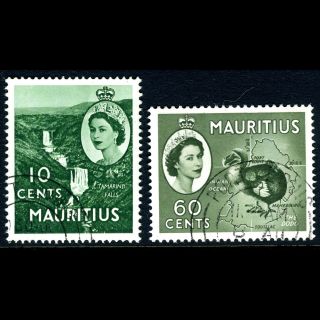 Mauritius 1963 - 65 10c Falls & 60c Dodo Bird.  Wmk W12.  Sg 314 - 315.  Fu.  (ar421)
