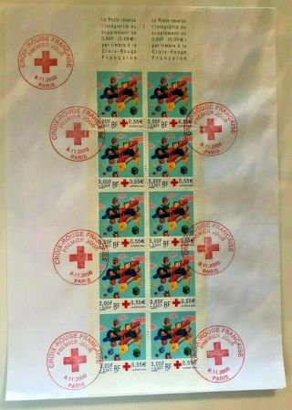 2000 - France Fdc Red Cross Full Booklet 10 Stamps Wood Toys 7 Large Red Seals