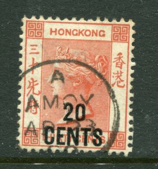 1885 China Hong Kong Qv 20c On 30c (orange) Stamp With A/amoy Cds Pmk