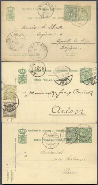 Luxembourg: 3 Uprated Postal Stationery Cards,  1894,  1908 & 1910
