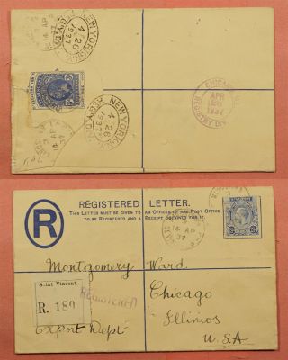 1937 St Vincent H&g C5 107 Registered Letter Stationery To Usa