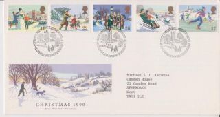 Gb Royal Mail Fdc 1990 Christmas Stamp Set Bureau Pmk